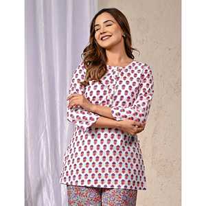 Ensemble coordonné en coton blanc pour femmes, haut à manches trois-quarts imprimé Butti avec boutons, tenue assortie deux pièces pour l'été - Product Image 1