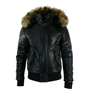 Blouson aviateur en cuir véritable pour homme, en cuir de vache, denim, bleu, jaune, fermeture éclair, col et poignets en tricot côtelé, vintage, chauffant, hiver - Product Image 5