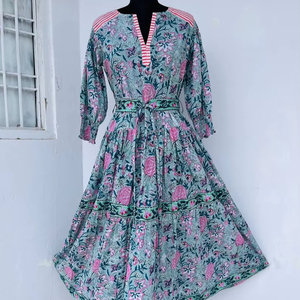 Trendy Indian Block Print Women's Girls' Pure Cotton Maxi Dress Casual Summer Evening Party Long Midi Bulk Natural Pattern Hot! - Product Image 1