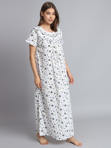 Camisón de encaje 100% algodón para mujer, manga media, largo completo, tela suave y transpirable, estampado floral en el cuello, para verano, otoño y primavera - Product Image 3