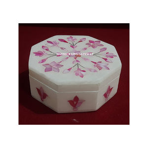 Octagonal Shape White Marble Pink Mother Of Pearl Inlaid <b>Jewellery</b> <b>Box</b> Handmade Flower Design Used <b>Necklace</b> Packing And Gifting - Product Image 1
