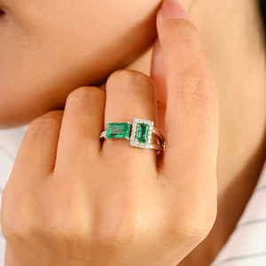 แหวนแต่งงานเพชรและมรกตธรรมชาติสำหรับผู้หญิงขายส่งเป็น100% อัญมณีธรรมชาติ K14แท้สีขาวทองสวยงาม - Product Image 2