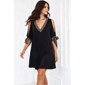 Robe courte à manches courtes et col en V pour femme, 35970 - Noir - Product Image 5