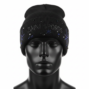 Bonnet pour homme en tissu côtelé premium 220 GSM, doux et chaud, noir, avec logo en strass thermocollé, bonnet jacquard - Product Image 6