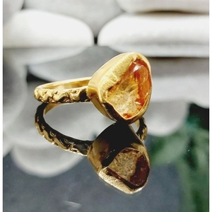 Vintage Brass <b>Ring</b> <b>Gold</b> Plated with Rough Natural Gemstone Bezel Setting Wing-shaped Inlay Copper Material Unisex Gift - Product Image 4