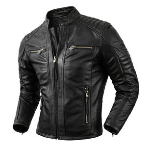 Chaqueta con Cierre para Hombre, Color Negro Azabache, Moda, Cuello de Cuero Genuino de Primera Calidad, Chaquetas Elegantes - Product Image 6