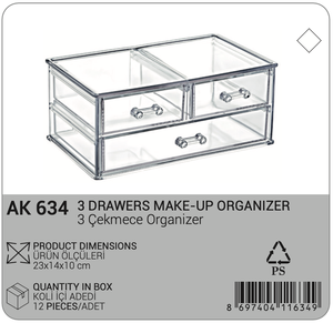 Boîte de rangement pour maquillage et bijoux en acrylique transparent rectangulaire à 3 tiroirs, écologique, moderne, organisateur multifonctionnel pour coiffeuse, salle de bain - Product Image 4