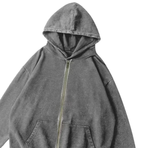 Sweat à capuche zippé unisexe gris foncé délavé à l'acide Streetwear vintage en coton épais et chaud d'hiver avec logo personnalisé - Product Image 2