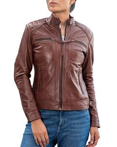 Veste en cuir satiné pour femme, automne-hiver, avec fermeture éclair, col rabattu basique, respirante et tannée à un prix avantageux - Product Image 1