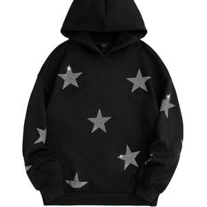 Sweat-shirt à capuche noir avec imprimé étoile en strass, coupe classique, pull décontracté pour homme, tricoté, 100% coton, séchage rapide, avec poche, style automne - Product Image 5