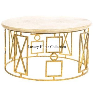 Table d'appoint et centrale en métal couleur or forme ronde cadre couleur or de grande taille avec dessus en marbre décor de forme ronde - Product Image 1