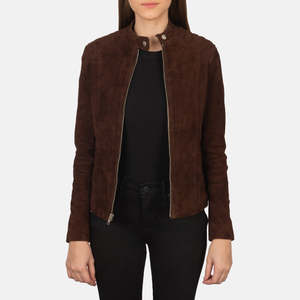 เสื้อแจ็คเก็ตไบค์เกอร์หนังกลับ Kelsee Mocha พร้อมปกตั้งสำหรับฤดูใบไม้ร่วง - Product Image 1