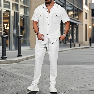 Ensemble de survêtement d'été confortable et respirant pour homme, haut à manches courtes décontracté et pantalon long, couleur unie, avec poche et cordon de serrage - Product Image 5