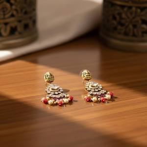 925 Sterling Silver Temple Kundan <b>Drop</b> <b>Earrings</b> Handcrafted Indian <b>Bridal</b> Jewelry Traditional Festive Statement <b>Earrings</b> - Product Image 5