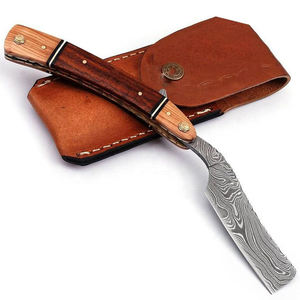 Custom Handmade Damascus Steel Folding Knife| High Quality Folding Knife with <b>Leather</b> Pouch and Wooden Handle - Product Image 1