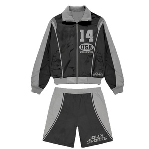 Men Lightweight Windbreaker Short Set Polyester Fabric Black <b>Grey</b> Panel Design Heat Transfer Logo Windbreaker Shorts Set for Men - Product Image 1