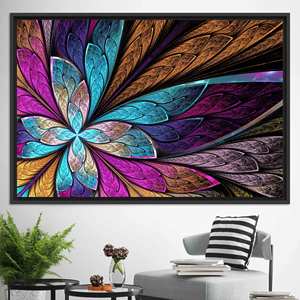 Impression sur toile de fleurs fractales : Art mural bohème avec papillons, toile encadrée noire - Product Image 1