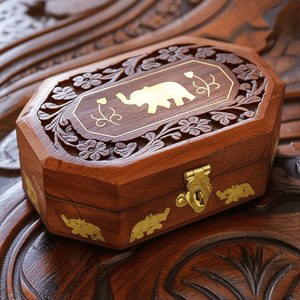 Luxurious Handcrafted Elephant Inlay Wooden Jewellery <b>Box</b> Rectangle and <b>Heart</b> <b>Shape</b> with PC Metal Inlay for Storing Jewelry - Product Image 2