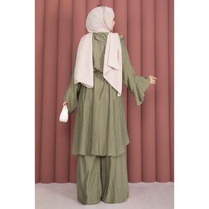 Conjunto Casual de Pantalones Kimono Color Caqui con Cinturón con Volantes, Nuevo Conjunto de Dos Piezas con Estampado de Leopardo en Crepé para Verano o Otoño, Talla XS - Product Image 4
