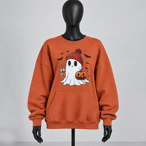 Sudaderas de Felpa Casuales Transpirables con Estampado de Fantasma y Calabaza para Mujer, Tallas Grandes, Manga Larga, Cuello Redondo, Venta al por Mayor - Product Image 1