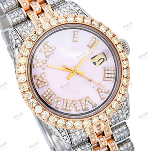 Rose Gold & Silver Diamond <b>Watch</b> with Pink Mother of Pearl Dial, Roman Numerals, Date Display & Iced Out <b>Bracelet</b> Swiss Made - Product Image 2