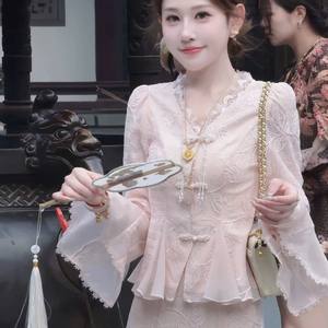 Vintage Pink Lace Two Piece Set Blouse & Long <b>Skirt</b> for Women OEM ODM - Product Image 2