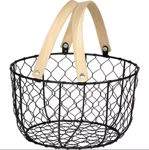 New Design Modern Attractive Metal <b>Basket</b> Vegetable Bread Egg Chicken Round Wire Storage <b>Basket</b> <b>with</b> Wood <b>Handles</b> - Product Image 2
