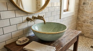 Vasque de salle de bain en céramique artisanale, à un trou, à poser sur comptoir, ronde, finition mate martelée, facile à nettoyer, style rustique - Product Image 3