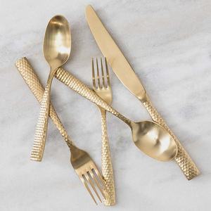 Luxury Gold Metal Hammered Handle Gold Plated Stainless Steel Spoon <b>Fork</b> & <b>Knife</b> Cutlery Flatware Set for Wedding - Product Image 1
