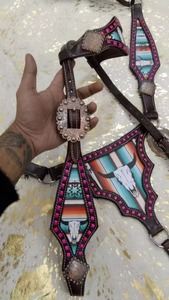 Brida de cabeza de doble costura de cuero de grano completo occidental hecha a mano asequible con riendas productos de Carreras de Caballos ingleses - Product Image 4