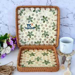 Plateaux d'incrustation de nacre directe d'usine en gros du Vietnam avec bord en rotin pour les acheteurs internationaux - Product Image 1