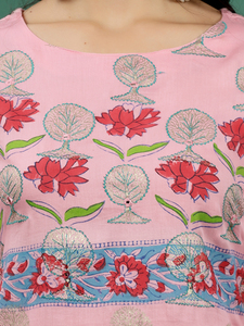 Haute sur demande à la mode Top qualité femmes rose broderie droite Kurta brodé avec travail imprimé exportateur indien - Product Image 4