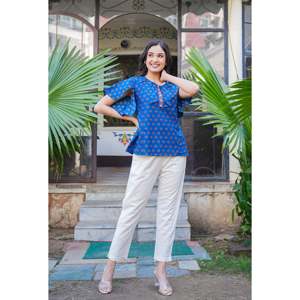 Top de punto de seda viscosa para mujer de alta calidad, blusas XL bonitas con cuello bordado asimétrico de algodón con estampado Floral azul - Product Image 3