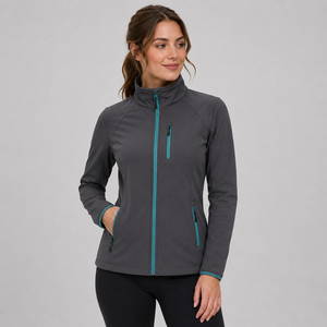 เสื้อแจ็คเก็ตซอฟต์เชลล์สำหรับผู้หญิง แบรนด์ส่วนตัว รุ่น Alpine Flex ซิปตัดสี คอสูง ทรงเข้ารูป กันลม เหมาะสำหรับกิจกรรมกลางแจ้ง ใส่ได้ในช่วงฤดูใบไม้ร่วง - Product Image 1