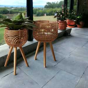 Macetas de mimbre tejidas para interiores/exteriores con patas de soporte de madera jardín balcón decoración del hogar incluye cestas y bolsas de lavandería - Product Image 4