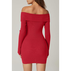 Vestido de suéter de punto acanalado con hombros descubiertos para mujer, minivestido de manga larga con cuello doblado, trajes de Otoño de moda 2025 - Product Image 3