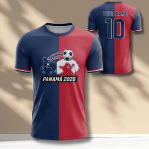 Maglia da Tifoso Unisex per i Mondiali di Calcio 2026 in Panama, Design con Bandiera Rossa, Bianca e Blu, T-Shirt da Calcio per il Giorno della Partita - Product Image 1