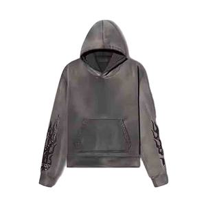 Sweat à capuche d'hiver pour hommes de Style Vintage lourd lavage à l'acide pull en coton noir brodé motif solide imprimé 100% coton à capuche - Product Image 6