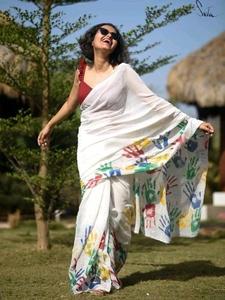 ชุดส่าหรีผ้าไหมผ้าลินินพิมพ์ลายดิจิตัลชุดปาร์ตี้ฤดูร้อนส่าหรีดีไซเนอร์แบบหรูหราสไตล์โบลีวู้ด - Product Image 4