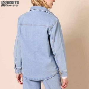 Veste en jean bleu nouveau style pour femmes avec motif solide col rabattu tissu tissé fermeture à boutons décontractée avec poches vestes - Product Image 5