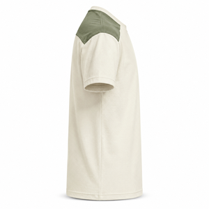 Camiseta de algodón personalizada color marfil con paneles en los hombros color oliva, de manga corta, premium para hombre, al por mayor. - Product Image 6