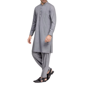 Nuevo Traje Shalwar Kameez Elegante para Hombre, Color Gris Completo, Corte Contemporáneo con Detalles Tradicionales del Sur de Asia para Invierno - Product Image 3