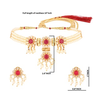 Parure de bijoux indien CZ Cubic Zirconia Faux Pearl Multi Layered Strand Beaded Choker Necklace Earrings Jewelry Set - Product Image 4