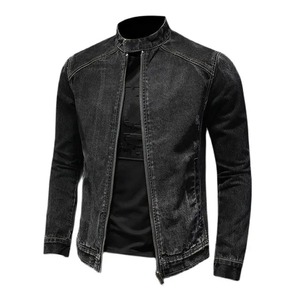 Veste Bomber Vintage de haute qualité pour hommes noir col montant Moto Biker Denim manteau vêtements d'extérieur en toile de coton noir Denim - Product Image 6