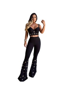 <b>Sexy</b> Black Two Piece <b>Set</b> High Waist Flared Pants Crop Top With Studded Detailing Sleeveless Party Outfit Summer Fashion - Product Image 1