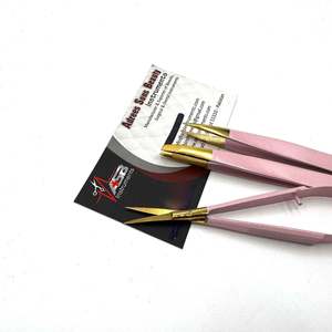 Pinzas para cejas con logotipo personalizado dorado rosa claro Pinzas para cejas con punta puntiaguda inclinada de acero inoxidable con tijera de resorte - Product Image 2