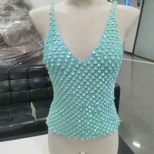 2025 New Fashionable Women's Clothing V-neck Customizable Handmade Crochet Solid Color <b>Sequin</b> <b>Top</b> - Product Image 1