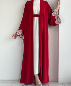 Abaya élégante ouverte sur le devant avec ceinture et belles manches brodées tissu Nida importé sur mesure prix de gros UK - Product Image 1