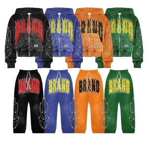 Ensemble survêtement personnalisé 100% coton, sweat-shirt et pantalon de survêtement à impression sérigraphique, patchs délavés, lavage à l'acide, fermeture éclair, survêtement pour hommes - Product Image 5