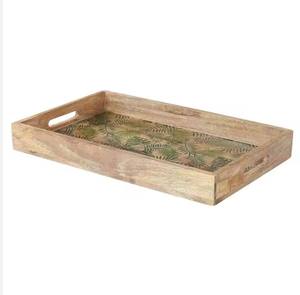 Bandeja de servicio redonda de madera de mango de Color quemado con asas Venta caliente | Bandeja redonda tallada a mano de madera para servir y uso de decoración - Product Image 5